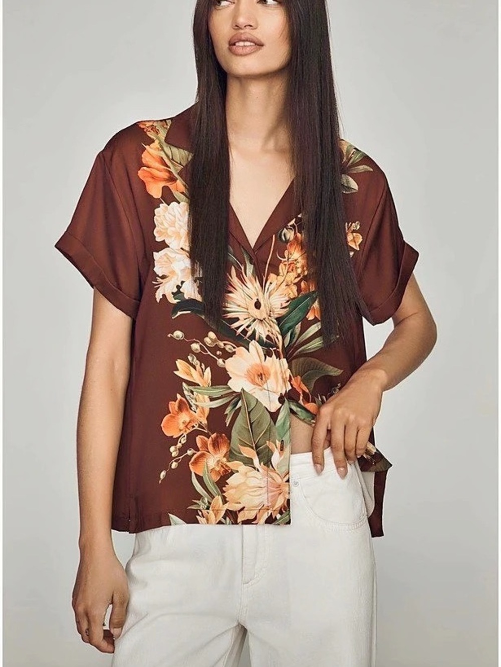 Anthropologie Brenna Short Sleeve Floral Short Sleeve Top in Brown Size Small NW